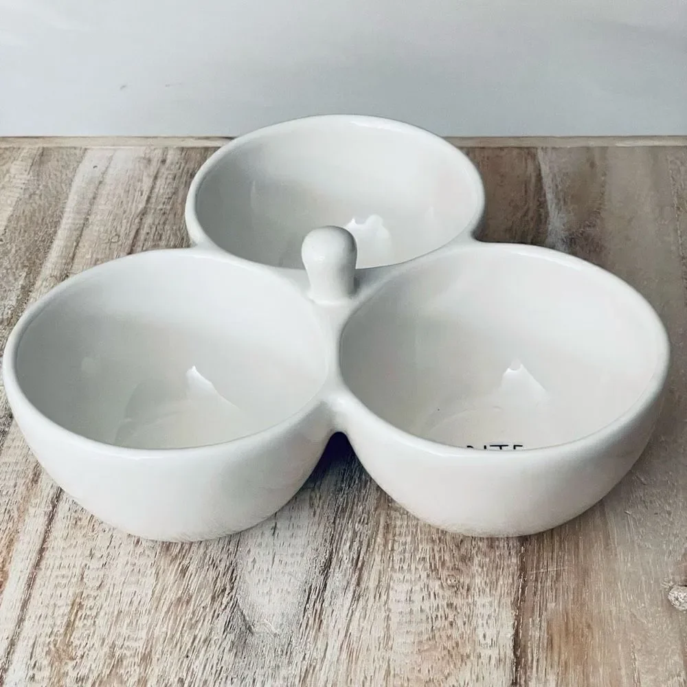NWT Gorgeous Rae Dunn white Ceramic set of 3 attached bowls SNACK BITE NIBBLE